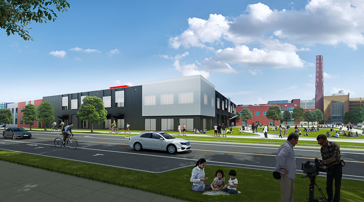 Digital rendering of people enjoying the Hood Park campus next to a city street