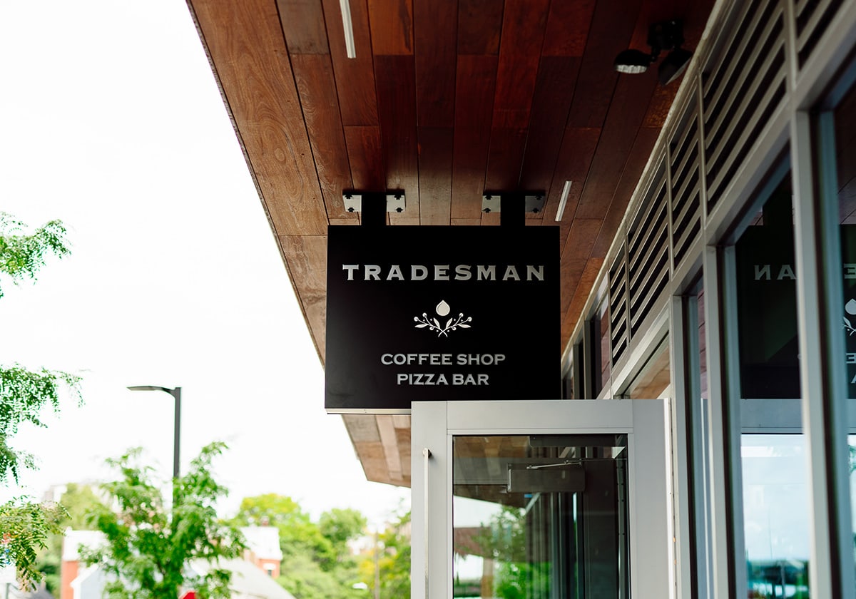 Sign for Tradesman Coffee Shop and Pizza Bar