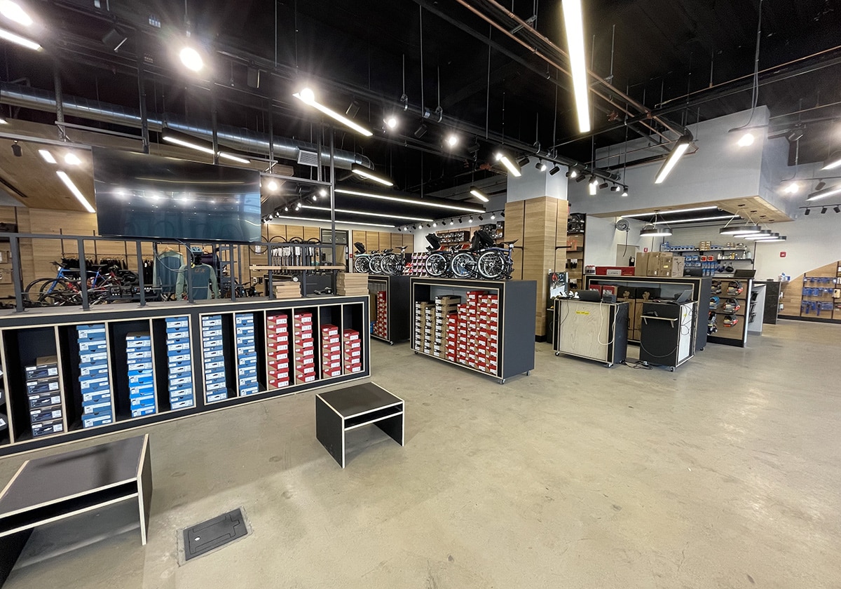 Interior of Landy's Bicycles with stocked inventory