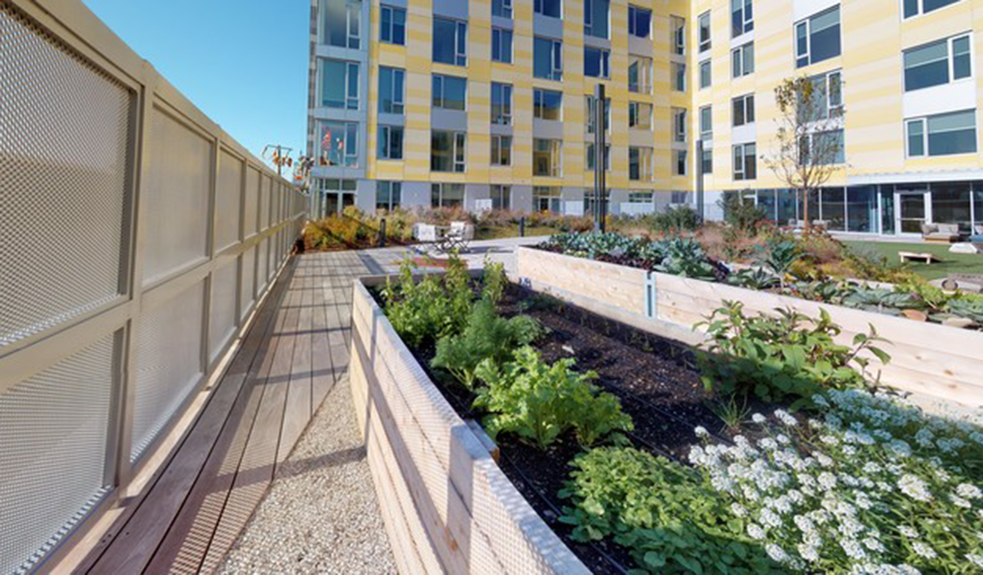 Landscaped walkways with flowerbeds