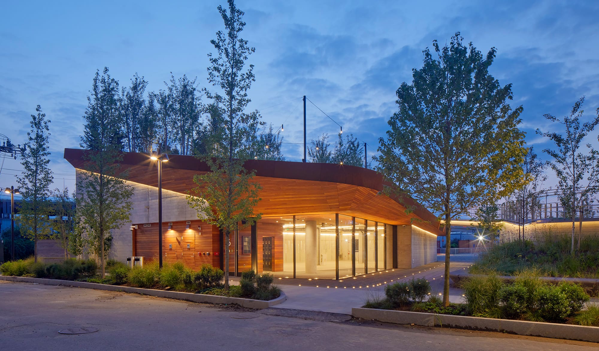 Wood and stone community space at Hood Park